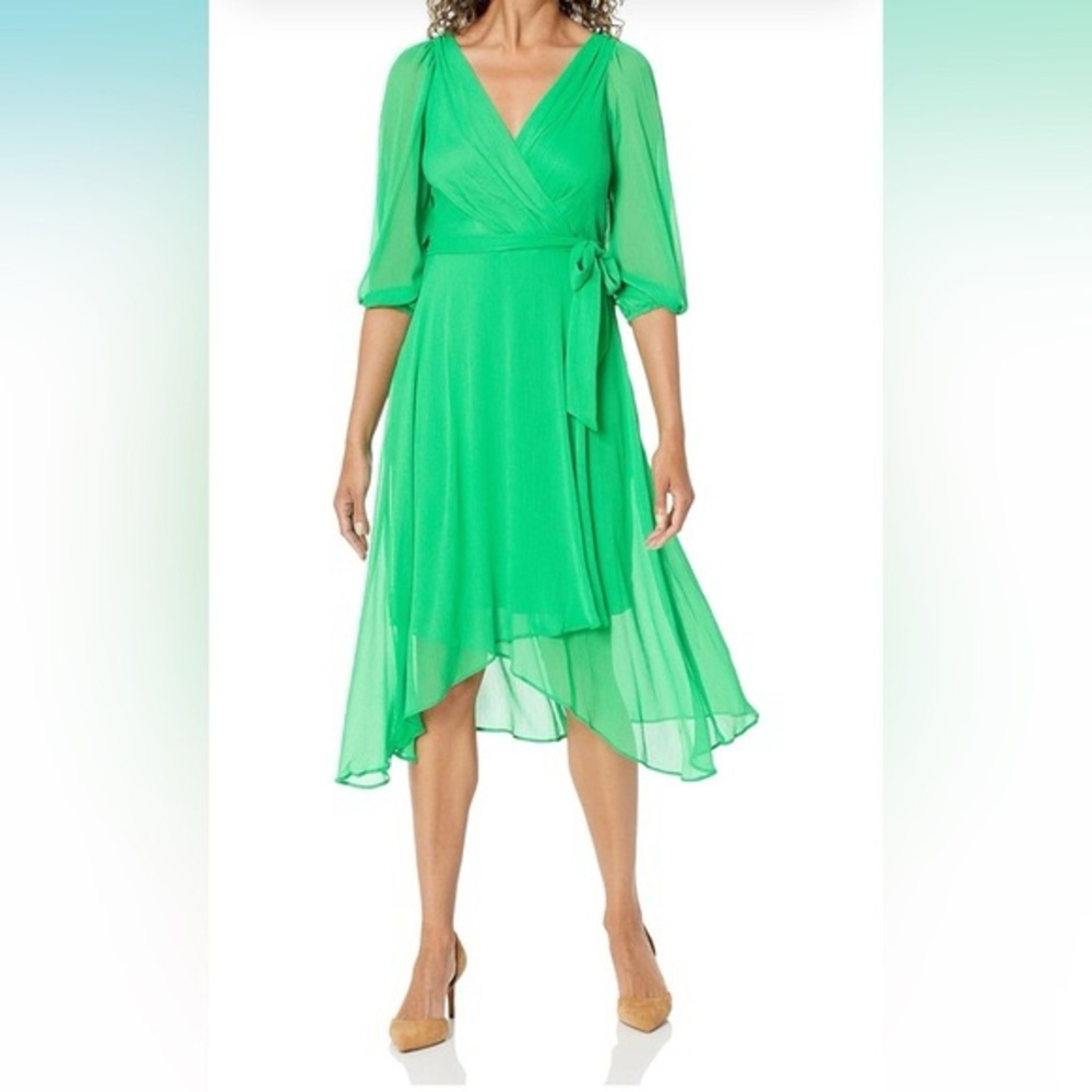 DKNY Women's Balloon-Sleeve Faux-Wrap Midi Dress in a vibrant green